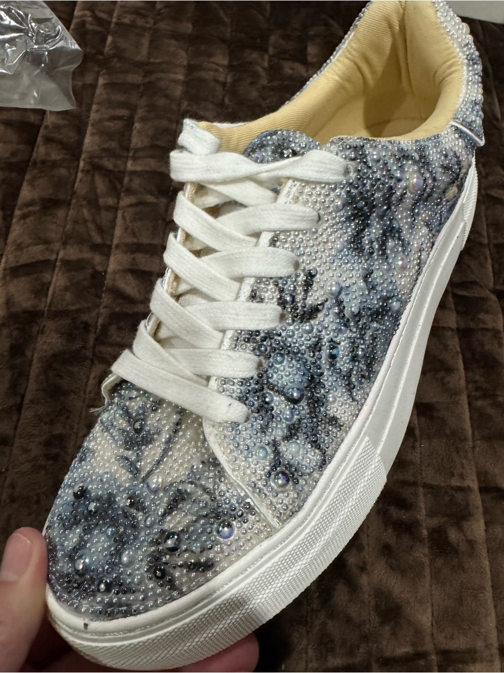 Betsey Johnson White and Gray Crystal Embellished Women's Sneaker….New